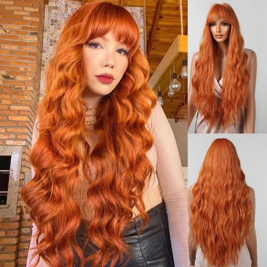 Long Water Wave Synthetic Wigs Curly Light Orange Ginger Wig with Bangs for Black White Women Halloween Cosplay Heat Resistant