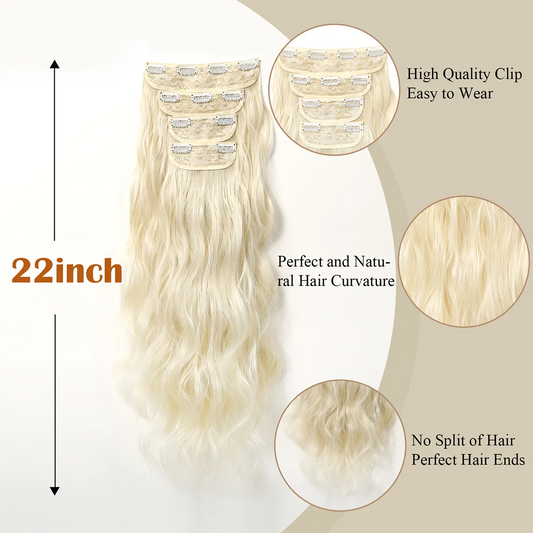 Clip in Long Wavy Synthetic Hair Extension 22 Inch 4PCS Golden Yellow Blonde Hairpieces Natural Hair Extensions for Women Daily