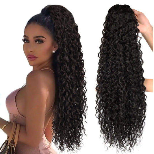 Curly Ponytail Extensions Clip in Synthetic Drawstring Ponytail Wig Long 32Inch Water Wave Afro Pony Tail Women Hairpiece False
