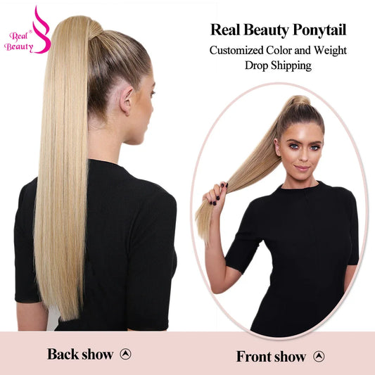 Real Beauty Human Hair Ponytail Extensions Highlight Brown Honey Blonde Wrap Around Ponytail Clip in Hair Pieces Brazilian Remy