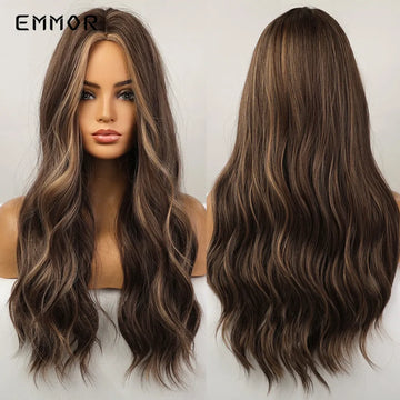 Emmor Synthetic Wigs Long Wavy Ombre Brown with BlondeNatural Hair Wigs for Women Cosplay Wigs Heat Resistant Fiber Hair Wig