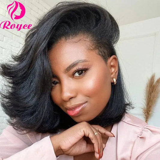 Kinky Straight Edged Bob Wig Human Hair Wigs Pre Plucked Yaki 13X4 Short Bob Lace Front Wig For Woman 4x4 Lace Closure Wig