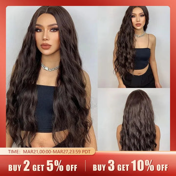 HAIRCUBE Long Brown Curly Wavy Wig for Women Middle Part Synthetic Wig for Any Occasion Heat Resistant Fake Hair