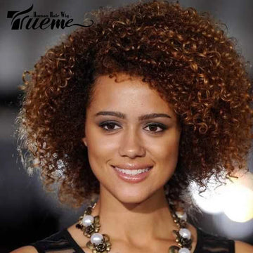 Trueme Kinky Curly Bob Wig Human Hair Wigs Brazilian Curly Human Hair Wig With Bangs Ombre Brown Highlight Curly Wig For Women