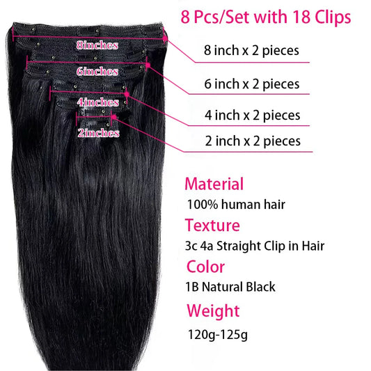 120G 8Pcs/Sets Clip In Hair Extensions Human Hair 10 to 26 Inch Brazilian Remy Straight Hair Natural Black 4 613 Color For Women