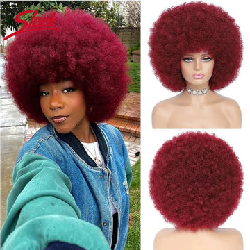 Brazilian Afro Kinky Curly Bob Wigs 99J# 200% Density Remy Human Hair Wigs Brown Color 4# F1B/99J# Wigs With Bang For Black Wig
