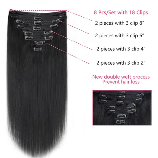 Clip in Human Hair Extensions Silky Straight Clip in Hair Extensions Double Weft Thick Human Hair 12-26inches for Women