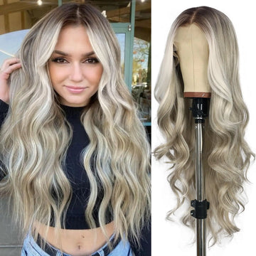 Synthetic Lace Front Wigs Highlight Gray Hair 13×4 Natural Hairline Body Wave Party Daily Wear 26inch