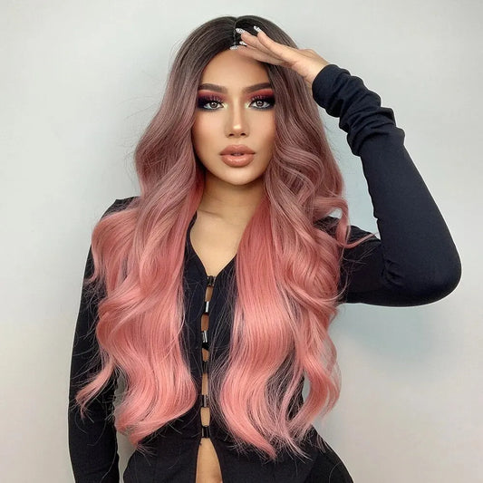 AliExpress Collection Pink Wigs For Women Long Wavy Wig Middle Part Cosplay Wig Synthetic Heat Resistant Wig Natural Hair