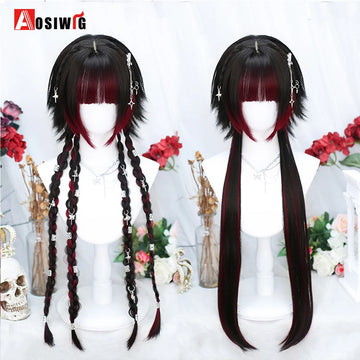 AOSI Women Synthetic Lolita Wig With Bangs Long Straight Ombre Two Tone Black Red Hair For Cosplay Halloween Cosplay Wigs