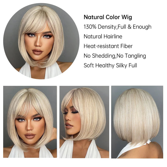 White Blonde Gray Synthetic Wigs with Bangs Short Straight Bob Hair Wig for Women Cosplay Daily Natural Hair Heat Resistant