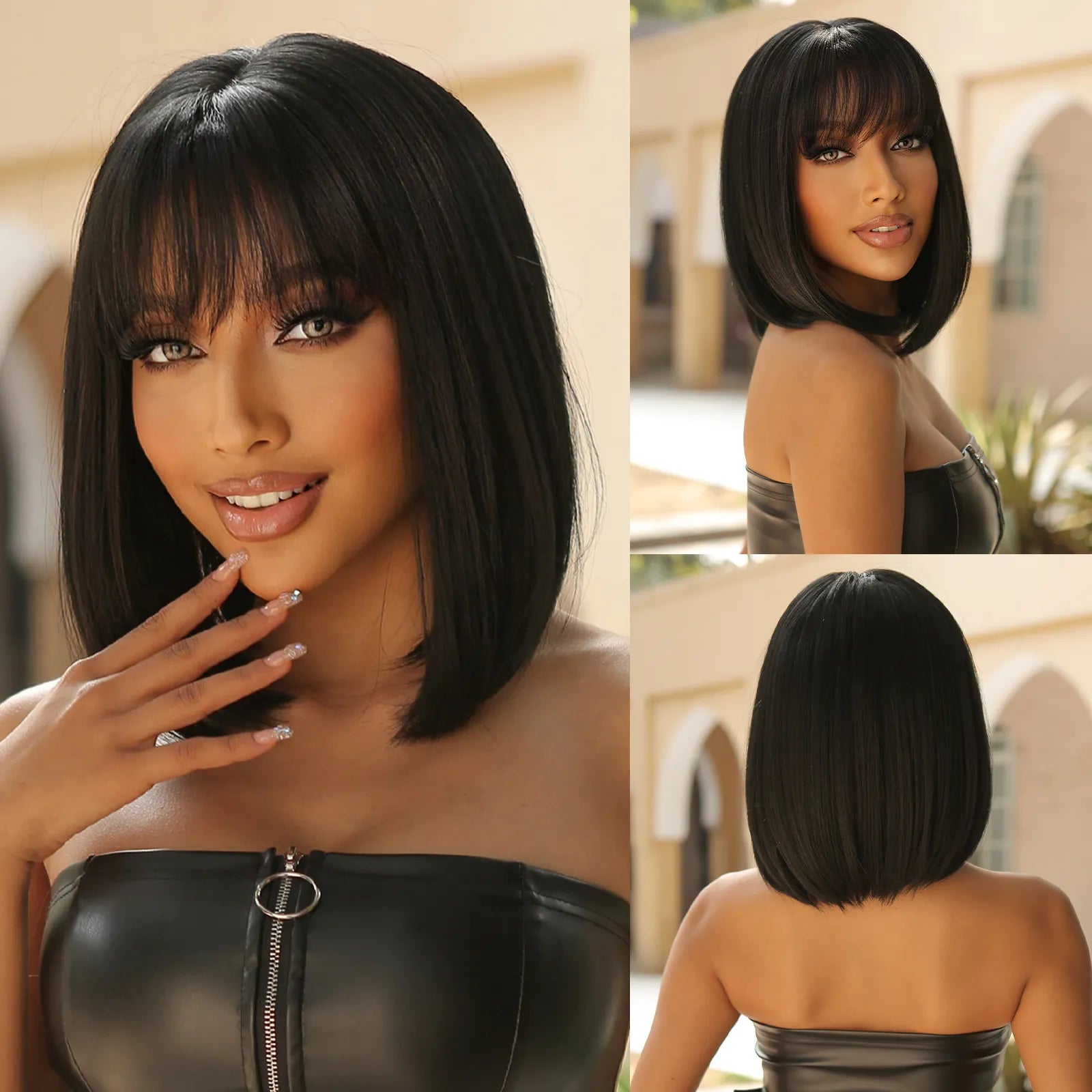 HENRY MARGU Bob Short Straight Synthetic Wigs with Bangs Black Hair Wigs for Women Daily Cosplay Party Wigs Heat Resistant