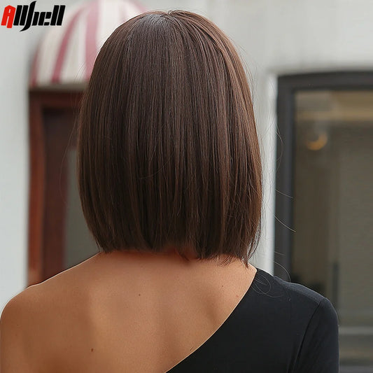 Dark Brown Synthetic Wig Middle Part for Cosplay Daily Short Straight Bob Wigs for Black Women High-Temperature Natural Hair