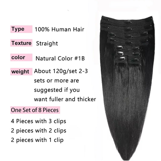 8Pcs/Set Clip In Hair Extensions Straight Human Hair Brazilian Clip In Natural Black Color Clip Ins 22 26 Inch 120G Remy Hair