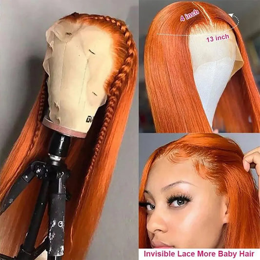 Ginger Orange#350 13x4 Lace Frontal Straight Brazilian Human Hair Wigs Pre Plucked Colored Human Hair Wigs For Women