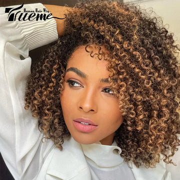 Trueme Afro Kinky Curly Human Hair Wigs Ombre Highlight Human Hair Wig With Bangs Colored Brazilian 4a Curly Bob Wig For Women