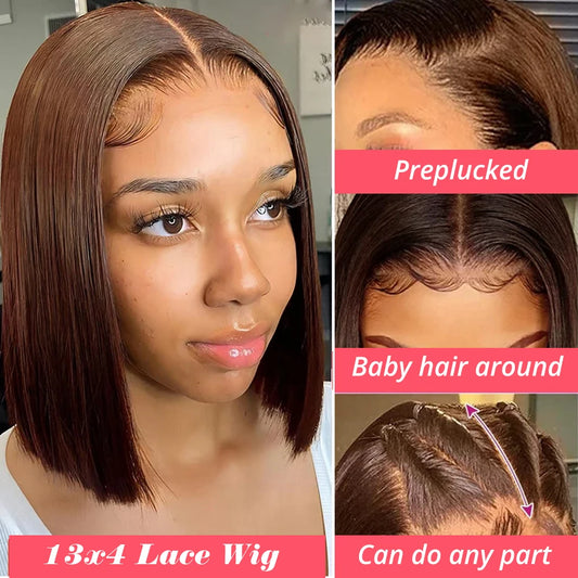 Brown Bob Lace Frontal Wig Human Hair 13x4 Straight 180 Density Transparent Lace Front Wigs Bob Lace Frontal Wig Human Hair