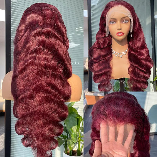 99J Red Lace Front Human Hair Wigs Burgundy Colored Loose Body Wave Wig Glueless 13x4 HD Transparent Lace Frontal Wig 30 34 Inch