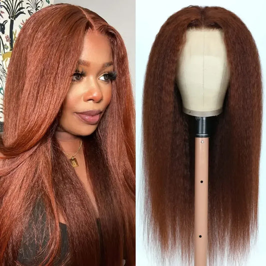 Wear and Go Glusless Wig 4X4 Reddish Brown Kinky Straight Yaki Wig Synthetic 4X4 Glueless Lace Wigs For Women No Glue Pre Cut