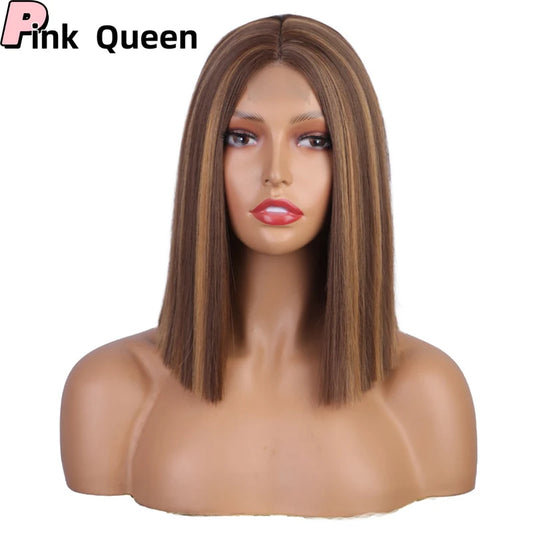 Straight Short Bob Wig Highlighted Transparent synthetic Lace Frontal Wigs For Women Honey Blonde Ombre Highlight Lace Wig