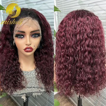 Burgundy 99J Water Wave Lace Wigs 13x4 Transparent Full Lace Frontal Curly Human Hair Wigs PrePlucked 180% Density for Women