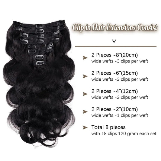 Body Wave Clip In Hair Extensions For Black Women 8Pcs Clip In Human Hair Extensions With Double Weft 120g