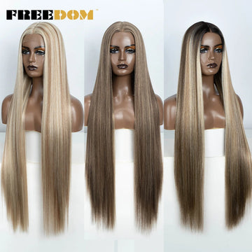 FREEDOM Straight Synthetic Lace Front Wig For Women 38 Inch Long Ombre Brown Red Blonde Hightlight Lace Frontal Wigs Cosplay Wig