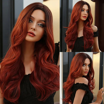 Long Middle Part Wigs for Women Dark Roots Red Body Wave Daily Wigs Natural Party Cosplay Synthetic Hair High Temperature Fiber
