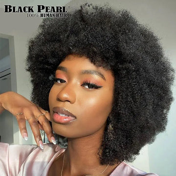 Fluffy Remy Short Afro Kinky Curly Wave Human Hair Wig With Thick Bangs Short Bob Wig Brazilian Human Hair Wigs For Black Women