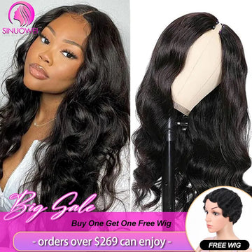 Sinuowei U V Part Wig Body Wave Human Hair Wigs For Women Brazilian Glueless 10-28 Inches Wavy Upgrade Wig Natural Black Wigs