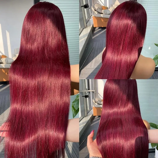 99j Burgundy Colored Straight Lace Front Wigs 13x4 HD Transparent Lace Frontal Wig PrePlucked Human Hair Wigs On Clearance Sale
