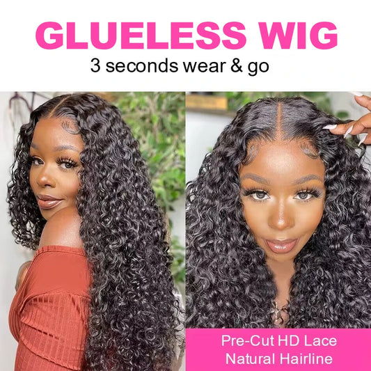 Water Wave Glueless Wig Pre-Cut HD Lace Wig 180% Pre-Plucked Natural Wave Glueless Curly Human Hair Wigs For Women