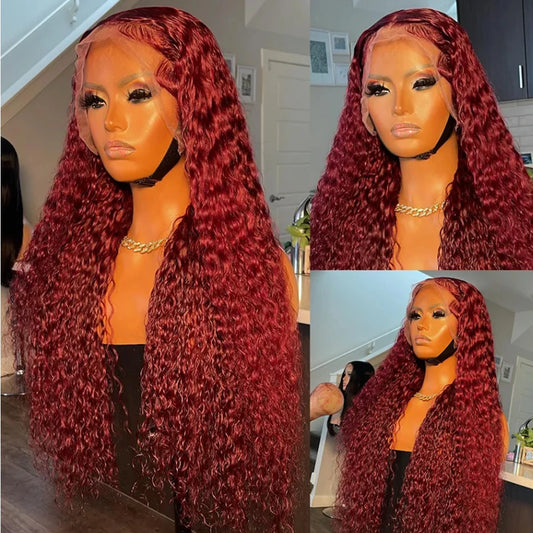 Glueless 13x4 Burgundy Red Colored Deep Curly Lace HD Front Human Hair Wigs For Women 99J Water Wave Lace Frontal Wig Human Hair