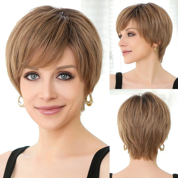 HD Lace Frontal Wig Glueless Human Hair Short Pixie Cut Wigs with Side Bang Remy Hair Straight Ombre Ash Blonde Wigs for Women