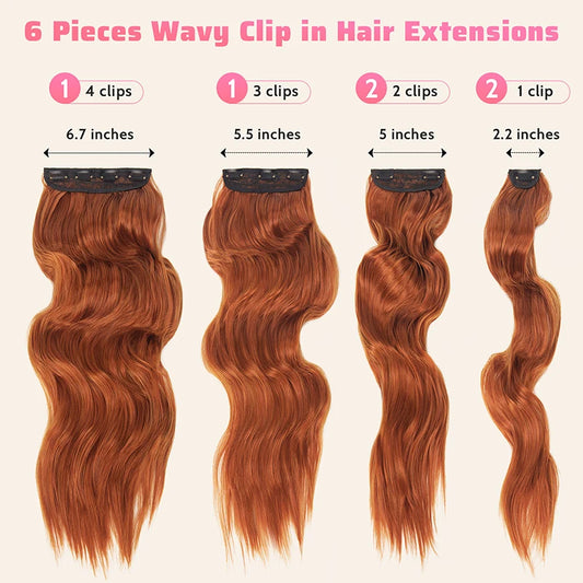 6Pcs/Set Synthetic Hairpiece Long Wavy Cooper Clip In Hair Extension For Women Red Orange Natural Looking High Temperature Fiber