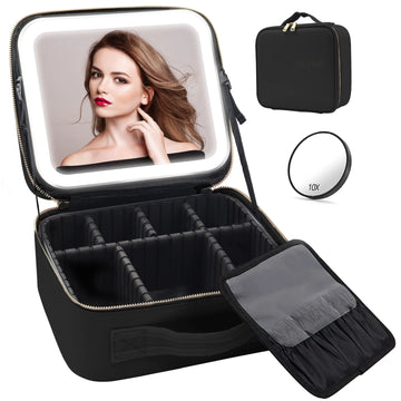 Travel Makeup Bag with Mirror of LED Lighted, with Adjustable Dividers, with Detachable 10x Magnifying Mirror