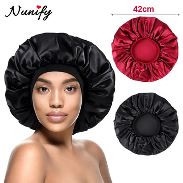 42cm Silk Bonnet For Sleeping Large Satin Hair Bonnets Soft Elastic Band Silk Sleep Cap Black Gold Silk Hair Wrap For Curly Hair