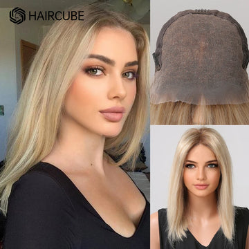 HAIRCUBE Blonde Straight Human Hair Lace Front Wig Middle Part Layered Fluffy Natural Shoulder Long Bob Wig Women Remy Daily Use