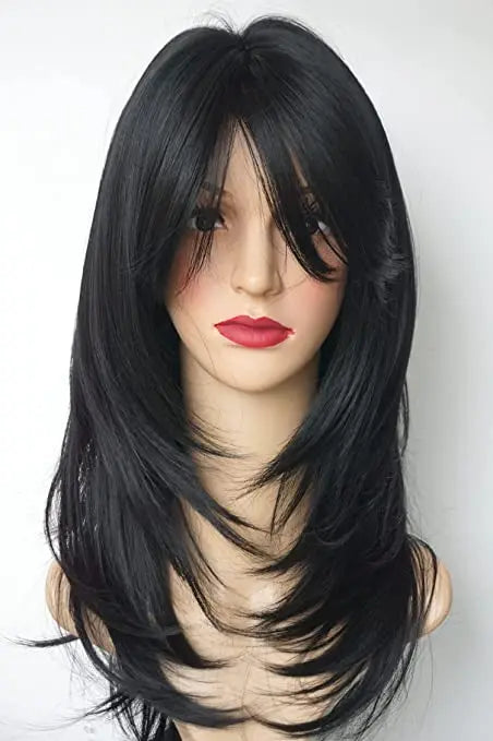 QQXCAIW Natural Long Wavy Wig For African American Women Cosplay Black Heat Resistant Synthetic Hair Daily Wigs