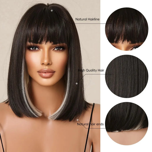 Black White Highlight Short Bob Wigs with Bangs Women Natural Synthetic Straight Hair Straight Bob Wig Heat Resistant Fiber