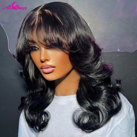 Natural Black Body Wave Short Bob Human Hair Wig 4x1 Transparent Lace Closure Human Hair Wigs With Bangs 1B Brazilian Hair Bob