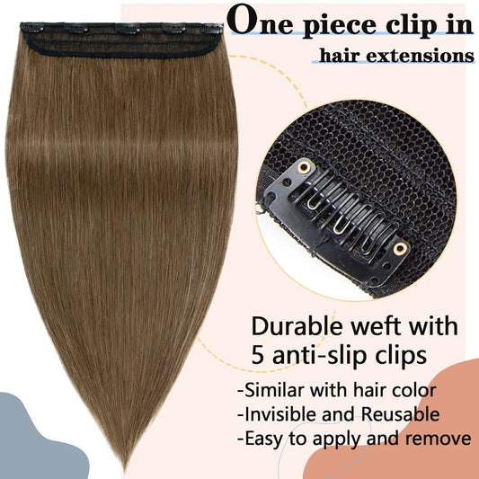 Clip in Human Hair Extensions 100%  Real Human Hair One Piece Brazilian Hair Standard Weft Straight Soft Color#6 Soft For Women