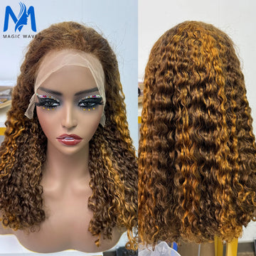 13x4 Lace Frontal 250 Density Honey Blonde Highlight Piano Color Curly Wave Human Hair Wig for Women Bouncy Deep Wigs