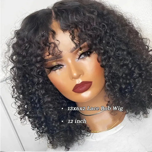 Brazilian Deep Curly Bob Hair Wigs Natural Black Color Brazilian HD Lace Front Part 13x6 Transparent T Lace Highlight Hair Wigs