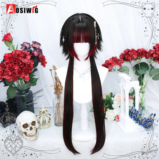 AOSI Women Synthetic Lolita Wig With Bangs Long Straight Ombre Two Tone Black Red Hair For Cosplay  Halloween Cosplay Wigs