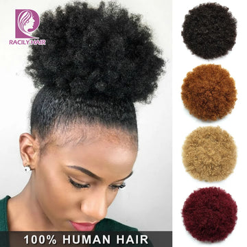 Racily Hair Afro Puff Drawstring Ponytail Human Hair Brazilian Short Curly Drawstring Ponytail Afro Puff Bun Chignon Accessories