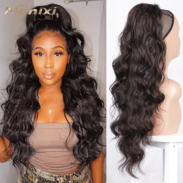 Vigorous Synthetic Long Body Wavy Drawstring Ponytail for Women Synthetic Wave Hair Extension Clip in Hairpiece Black Fake Hair