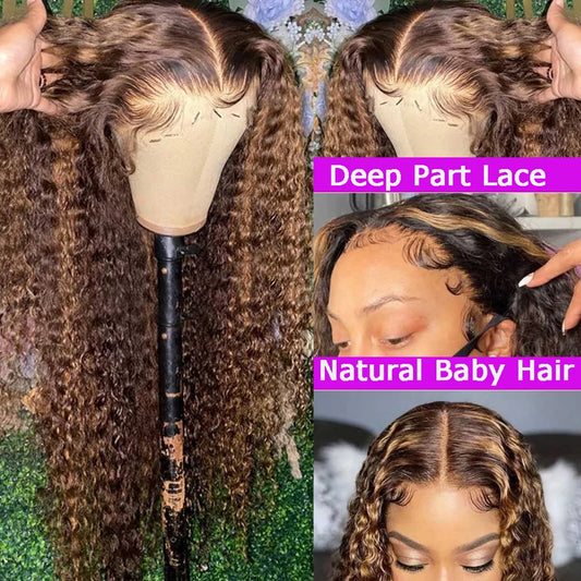 30 Inch Highlight Ombre Brown Wig Kinky Curly 4/27 Colored Human Hair 13x4 Deep Wave Lace Frontal Wig 4X4 Lace Closure Remy Wigs