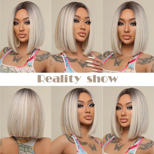 Brown Blonde Ombre Synthetic Wigs Short Straight Bob Wigs for Women Middle Part Lolita Cosplay Natural Hair Heat Resistant Fiber