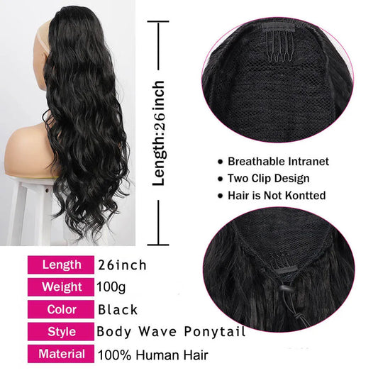 Body Wave Ponytail Wrap Around Ponytail 22 24 26inches Brazilian Human Hair Drawstring Ponytail #1B Clip In Ponytail Extensions